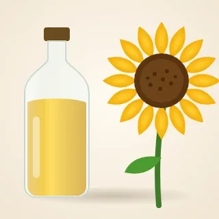 Illustration of a bottle of sunflower oil beside a sunflower.